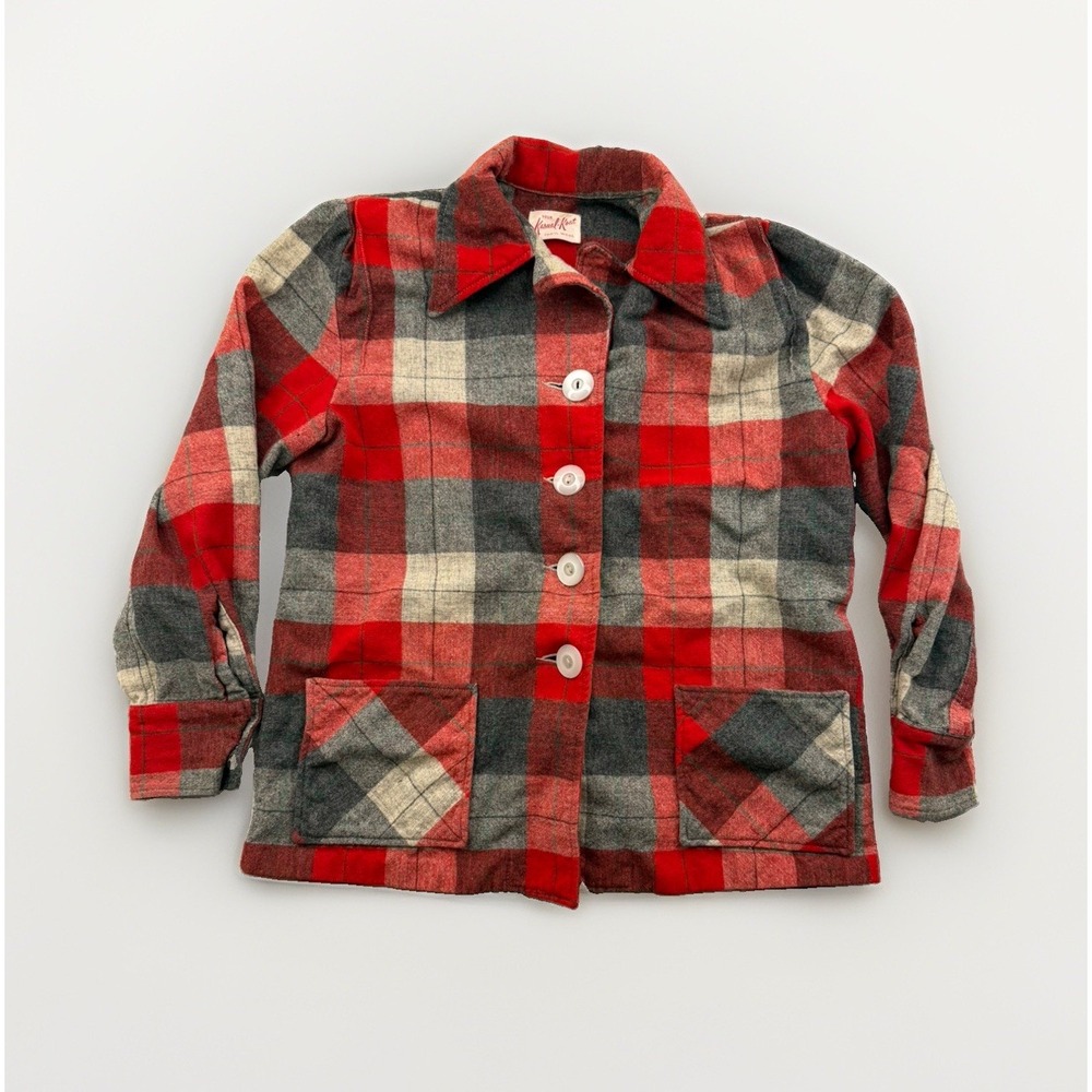 Vintage 1950s 100% Wool Kasual Koat Red & Grey Plaid 49er Jacket Coat Womens